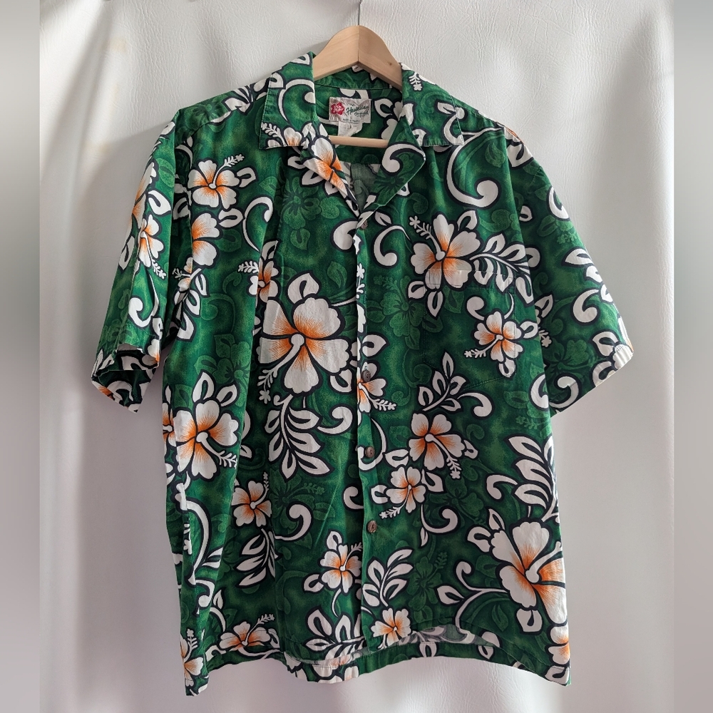 Hilo Hattie Green Floral Cotton Button Up Hawaiian Shirt Shirt Sleeves - Large
